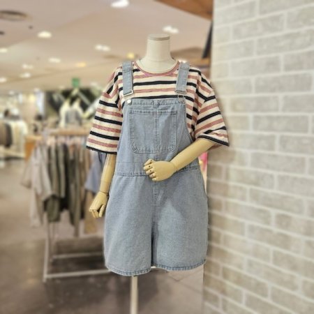 숏 데님 멜빵 팬츠