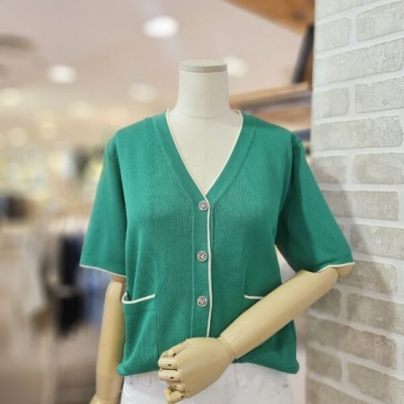 라인 배색 브이넥 가디건