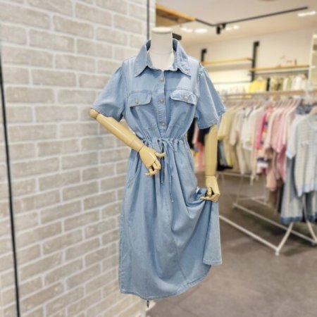 카라형 반팔 데님 원피스