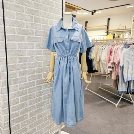 카라형 반팔 데님 원피스