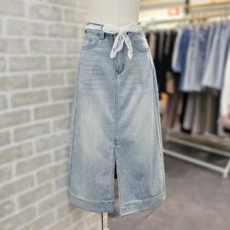 레이스 벨트 데님 스커트