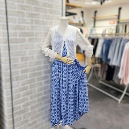 절개 끈 프린트 원피스