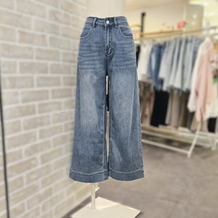 자수 9부 데님 팬츠