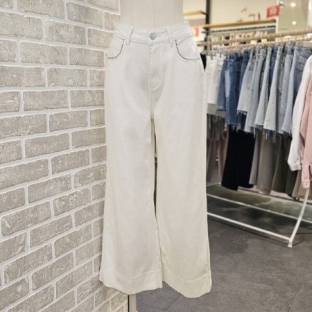 자수 9부 데님 팬츠