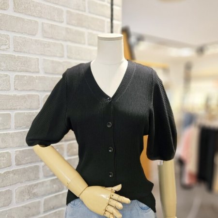 퍼프 소매 리브드 가디건