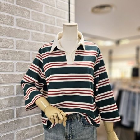 스트라이프 카라 7부 티셔츠