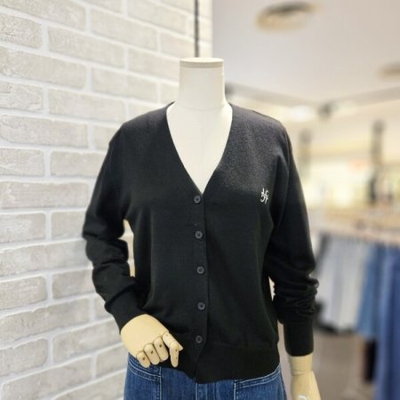 울 혼방 로고 자수 브이넥 가디건