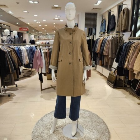 소매 체크배색 롱 재킷