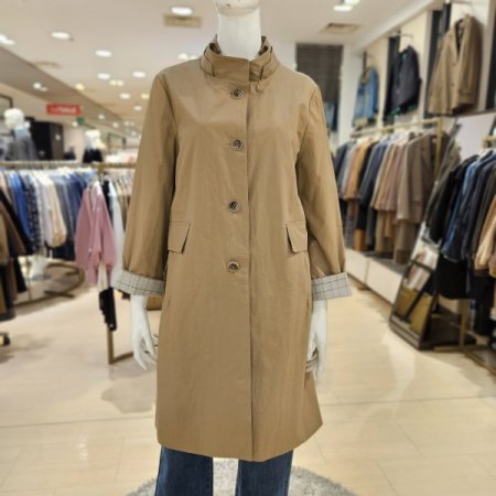 소매 체크배색 롱 재킷