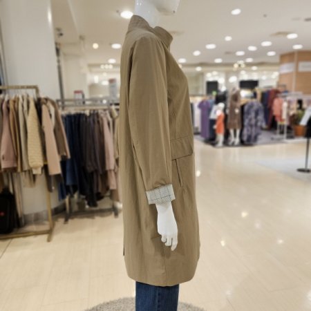 소매 체크배색 롱 재킷