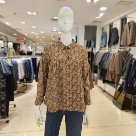 플라워 패턴 볼륨 면 블라우스