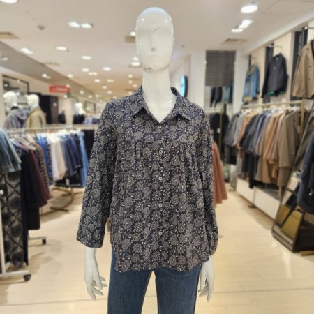 플라워 패턴 볼륨 면 블라우스