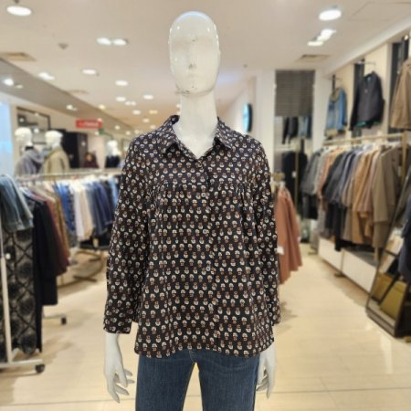 플라워 패턴 볼륨 면 블라우스