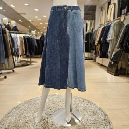컬러배색 A라인 데님 롱 스커트