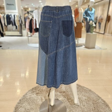 컬러배색 A라인 데님 롱 스커트