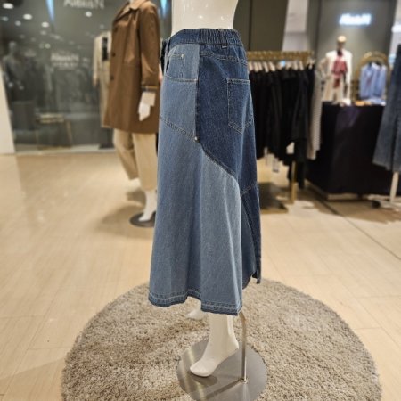 컬러배색 A라인 데님 롱 스커트