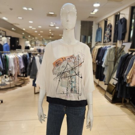 프린팅 7부소매 라운드 블라우스