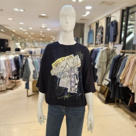 프린팅 7부소매 라운드 블라우스