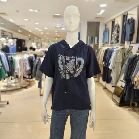 큐빅장식 선인장프린트 반팔 후드티셔츠