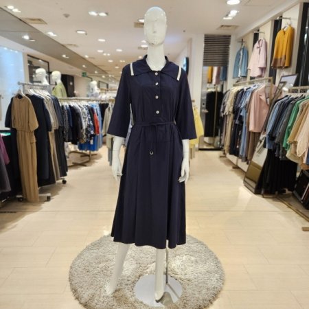 배색카라 천벨트 7부 롱원피스