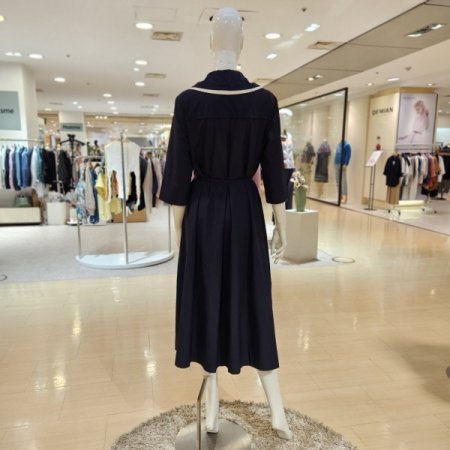 배색카라 천벨트 7부 롱원피스