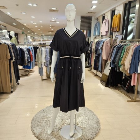 니트배색 브이넥 롤업소매 롱원피스