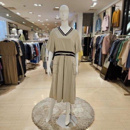 니트배색 브이넥 롤업소매 롱원피스