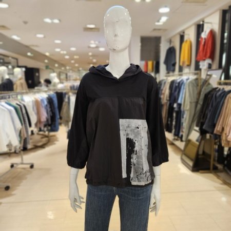 앞 밑단 밴딩 프린팅 7부후드 티셔츠