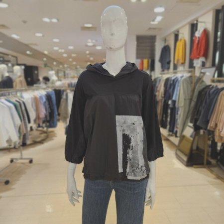 앞 밑단 밴딩 프린팅 7부후드 티셔츠