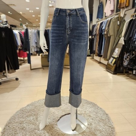 큐빅 밑단 롤업 일자와이드 데님팬츠