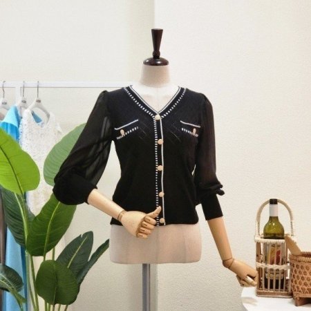 브이넥 시스루 소매 블라우스