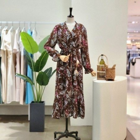 플라워 깃털끈 롱 원피스