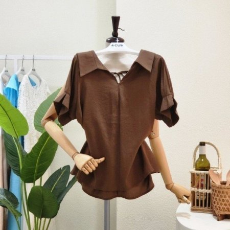 브이 뒷리본 카라 블라우스