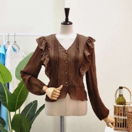 어깨 프릴 숏기장 블라우스