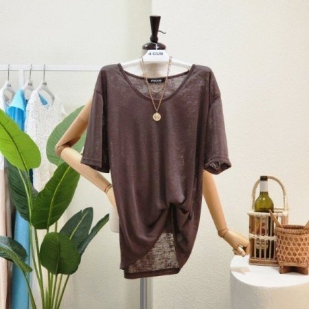 U넥 솔리드 반팔 티셔츠