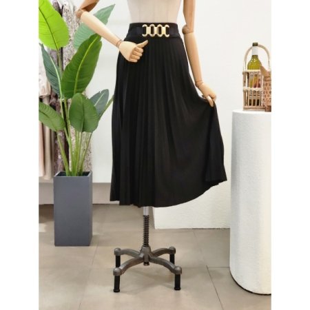 금장 벨트 장식 플리츠 롱 스커트