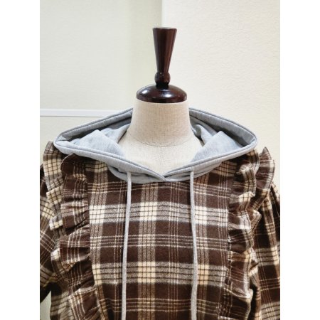 체크 프릴 후드 롱 원피스