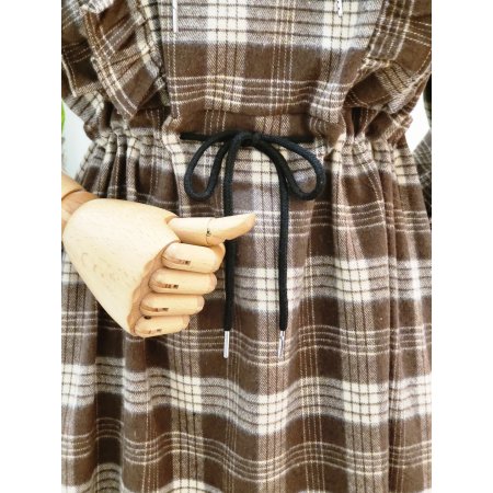 체크 프릴 후드 롱 원피스