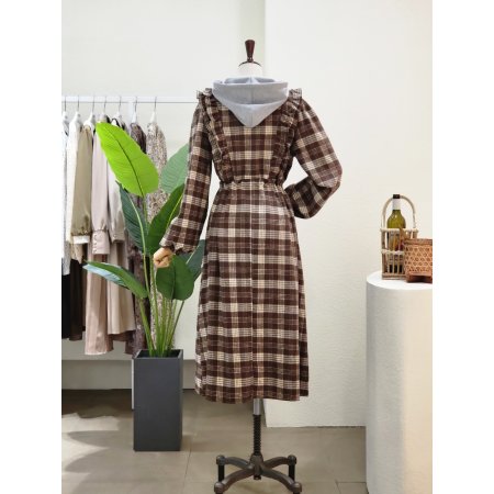 체크 프릴 후드 롱 원피스