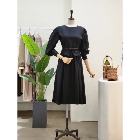 퍼프 포인트 벨티드 A라인 롱원피스