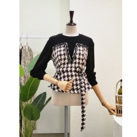 하운드 체크 배색 벨트 블라우스