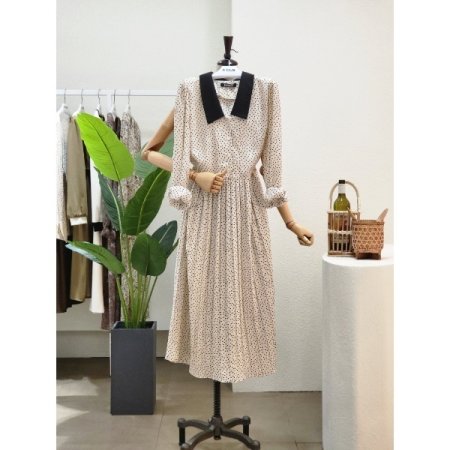 카라 배색 도트 패턴 롱 원피스