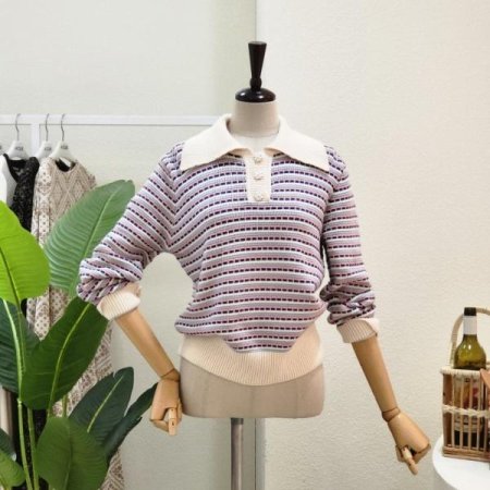 배색카라 단추 포인트 니트