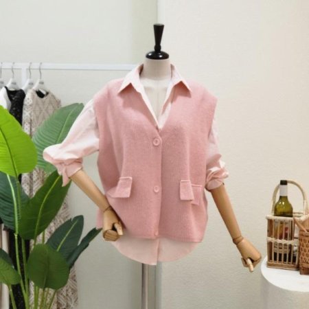 브이 베스트 블라우스 세트