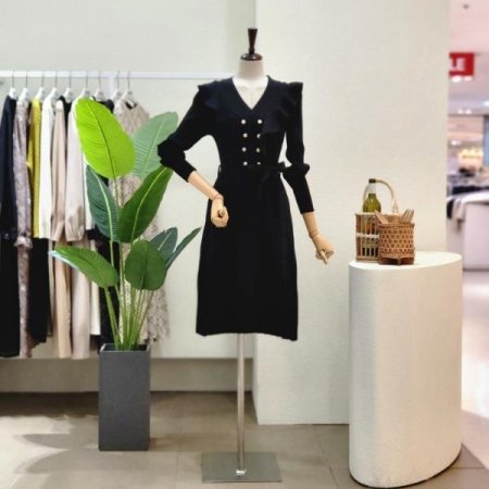 프릴 포인트 더블 버튼 롱원피스