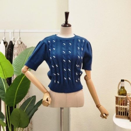 진주 포인트 꽈배기 반팔 니트