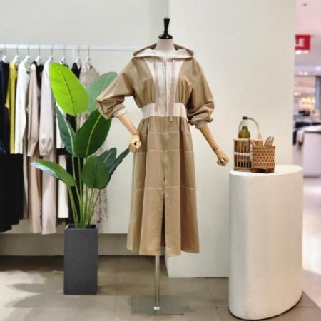 집업 후드 배색 롱 원피스