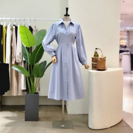 핀턱 셔링 퍼프소매 롱 원피스