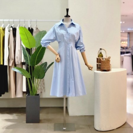 허리 뒤 밴딩 셔츠형 롱 원피스