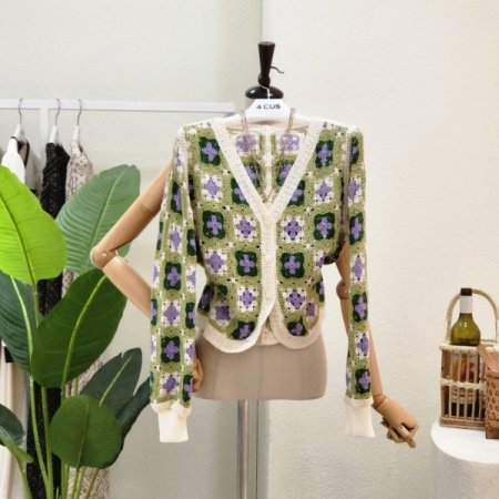 브이넥 플라워 크로셰 가디건